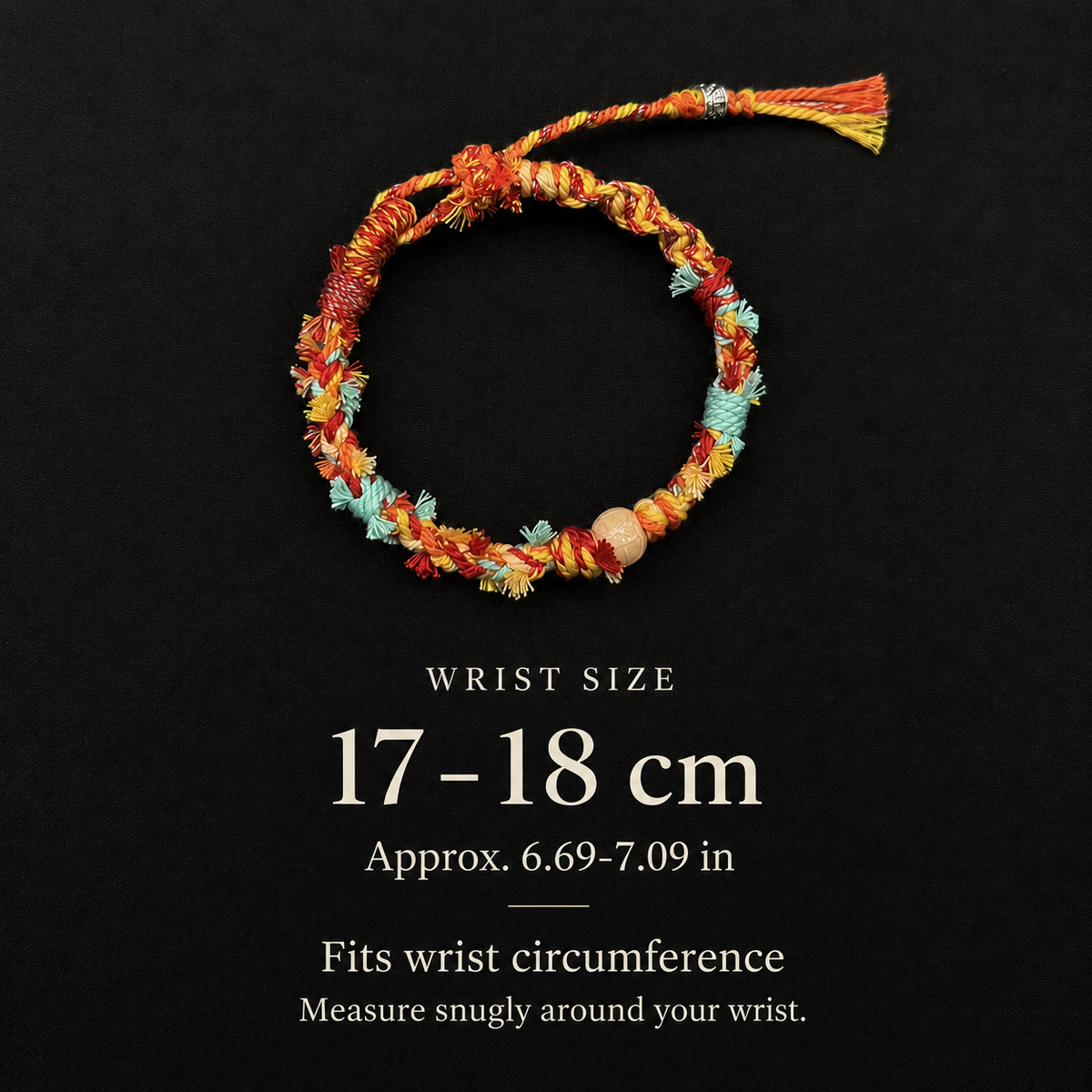 Apricot Breeze bracelet wrist size guide: 17–18 cm, approximately 6.69–7.09 inches, measured around the wrist.
