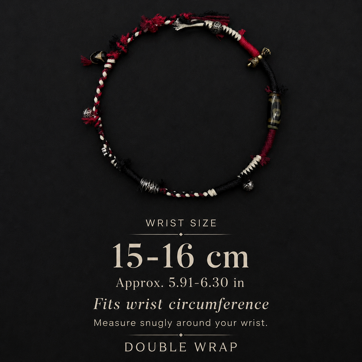 Ember Trail bracelet wrist size guide: 15–16 cm, approximately 5.91–6.30 inches, measured around the wrist.