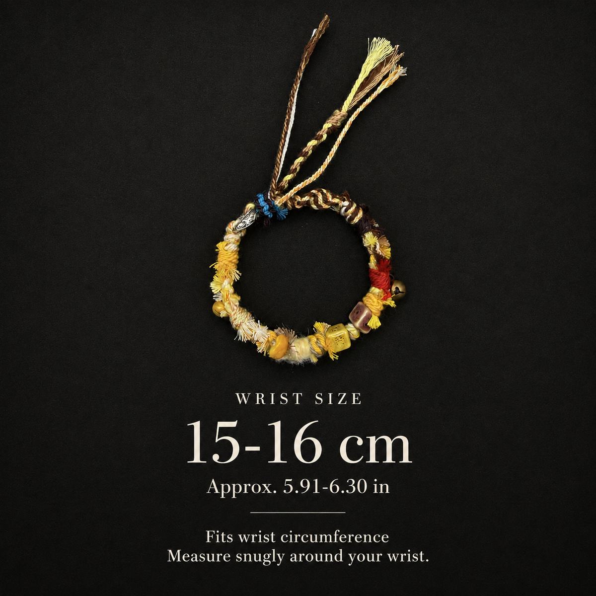 Sunlit Dune bracelet wrist size guide: 15–16 cm, approximately 5.91–6.30 inches, measured around the wrist.