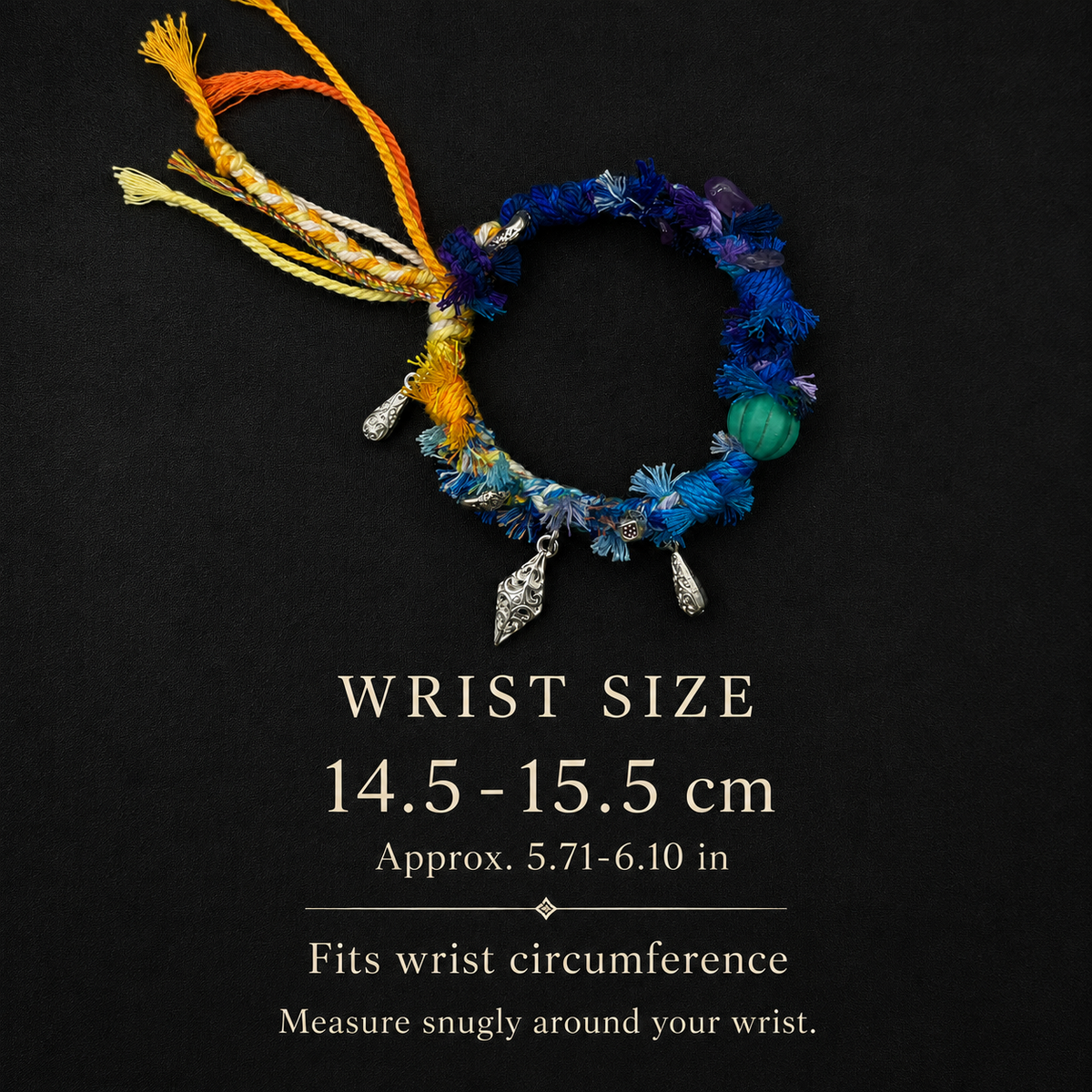 Twilight Tide bracelet wrist size guide: 14.5–15.5 cm, approximately 5.71–6.10 inches, measured around the wrist.