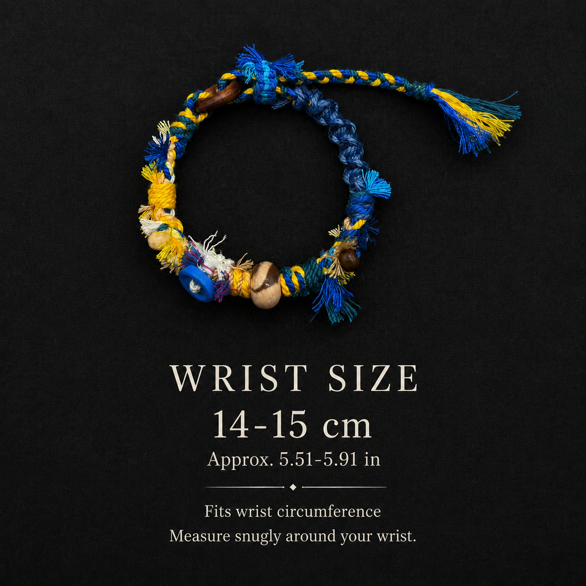 Blue Horizon bracelet wrist size guide: 14–15 cm, approximately 5.51–5.91 inches, measured around the wrist.