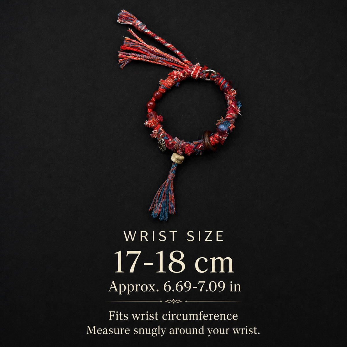 Dusk Ember bracelet wrist size guide: 17–18 cm, approximately 6.69–7.09 inches, measured around the wrist.