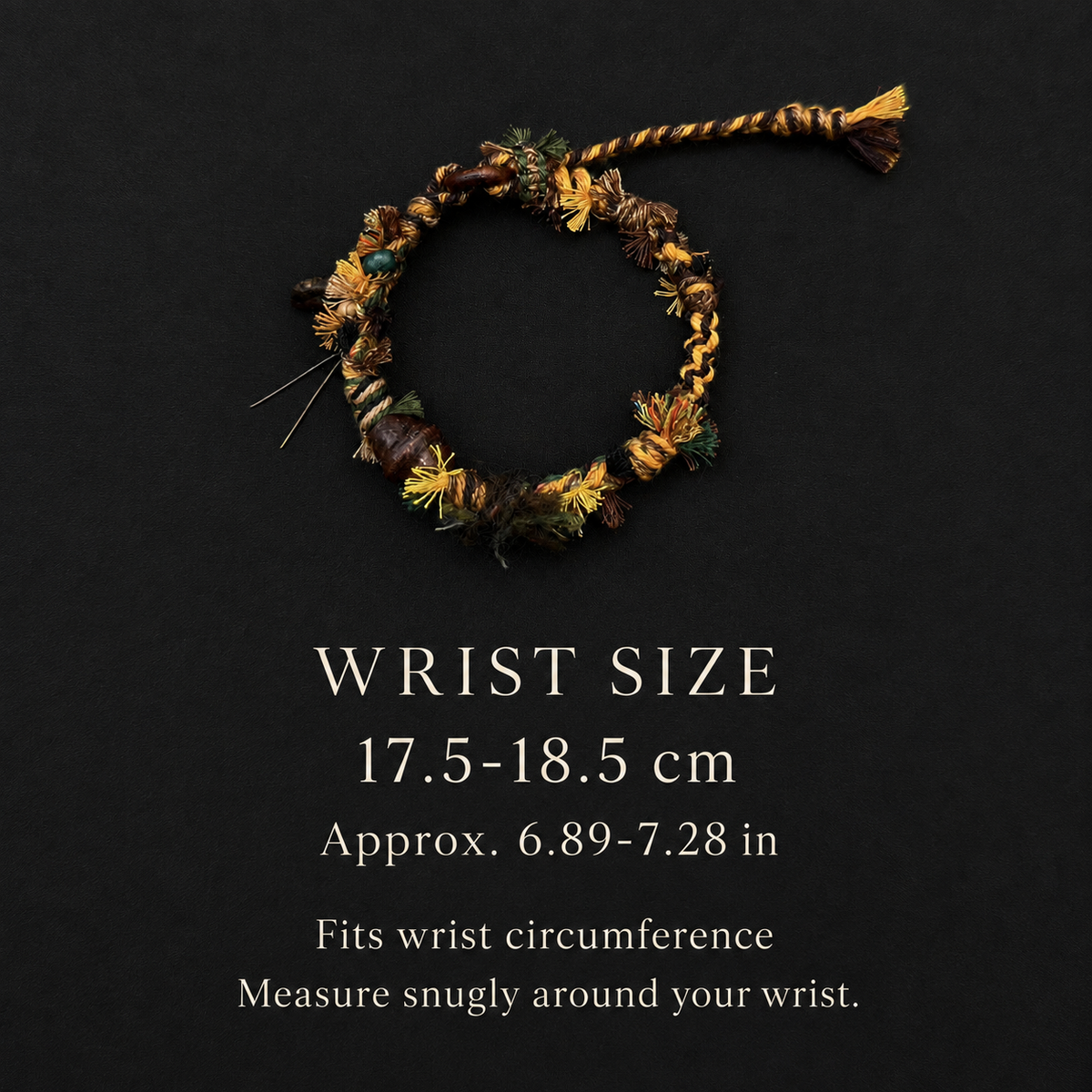 Earthbound bracelet wrist size guide: 17.5–18.5 cm, approximately 6.89–7.28 inches, measured around the wrist.
