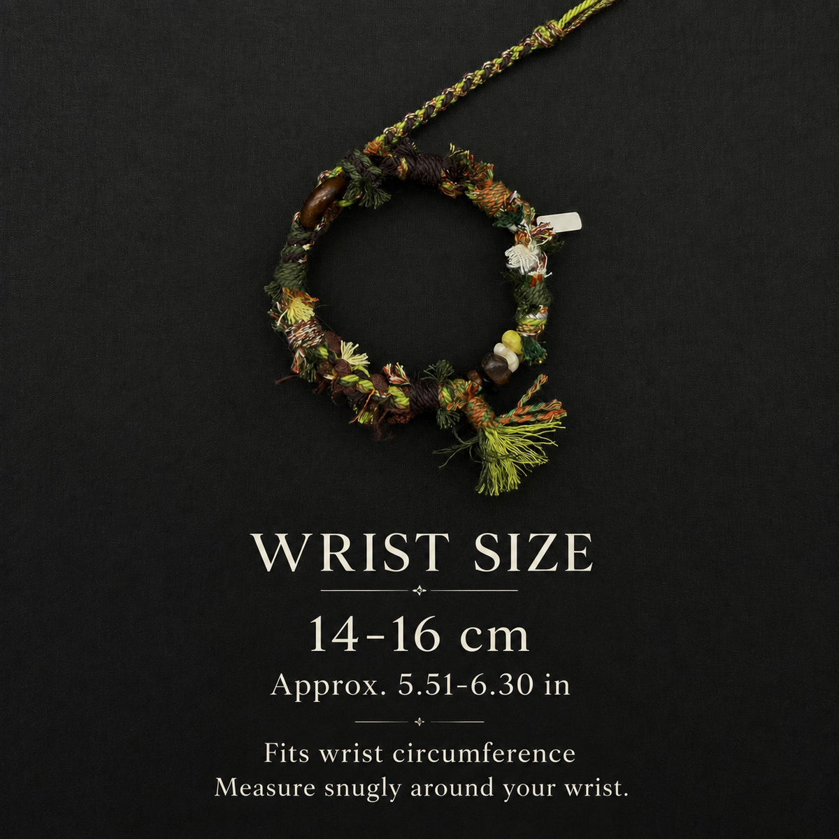 Forest Trace bracelet wrist size guide: 14–16 cm, approximately 5.51–6.30 inches, measured around the wrist.