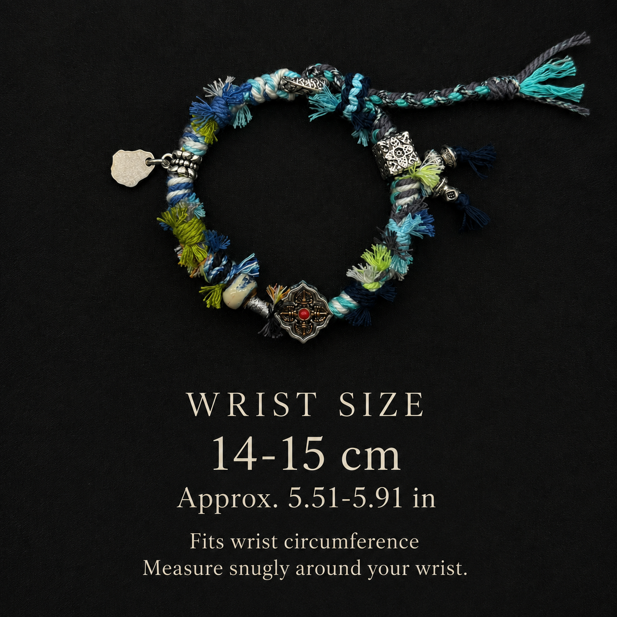 Meadow Current bracelet wrist size guide: 14–15 cm, approximately 5.51–5.91 inches, measured around the wrist.