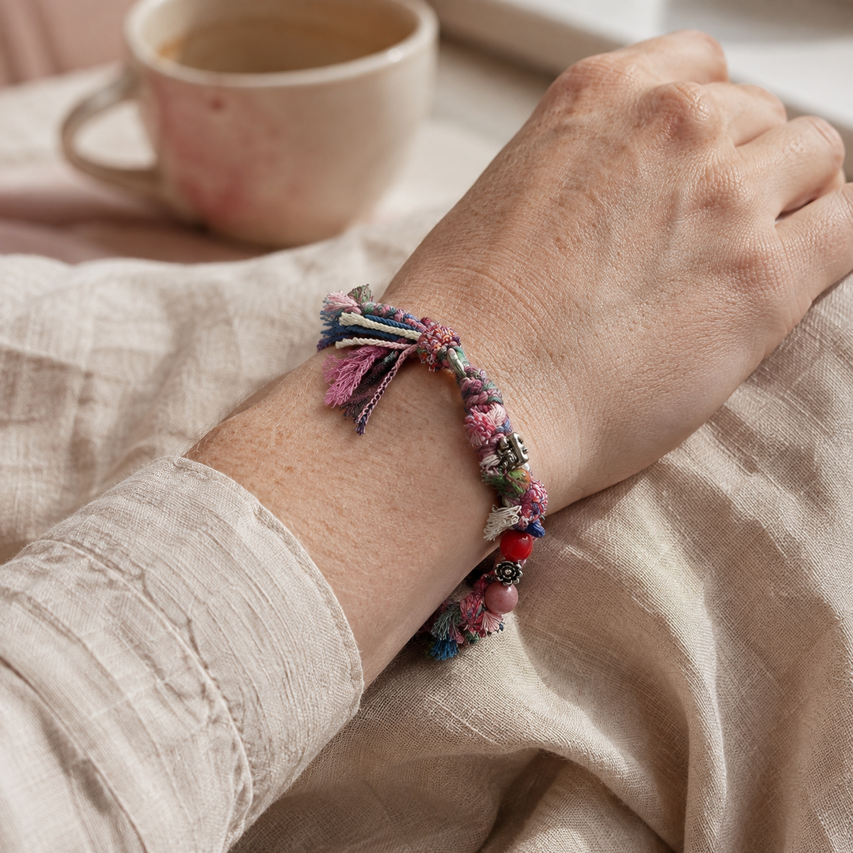 AI-generated styling illustration of the Rosewind pink, blue and cream bracelet worn on a wrist.