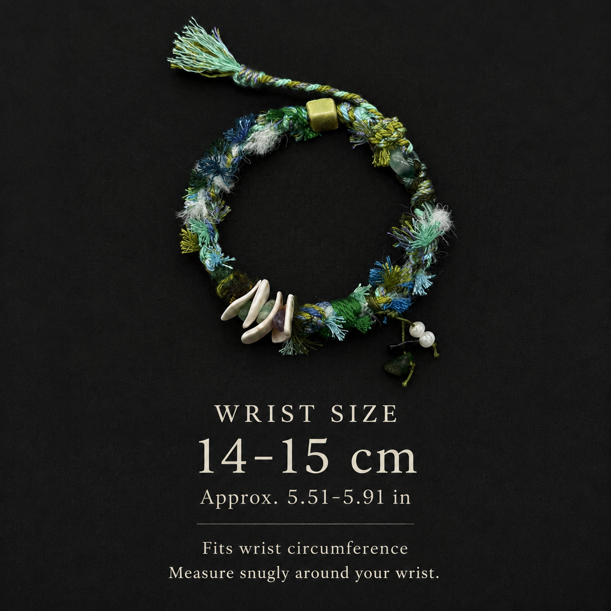 Seafoam bracelet wrist size guide: 14–15 cm, approximately 5.51–5.91 inches, measured around the wrist.