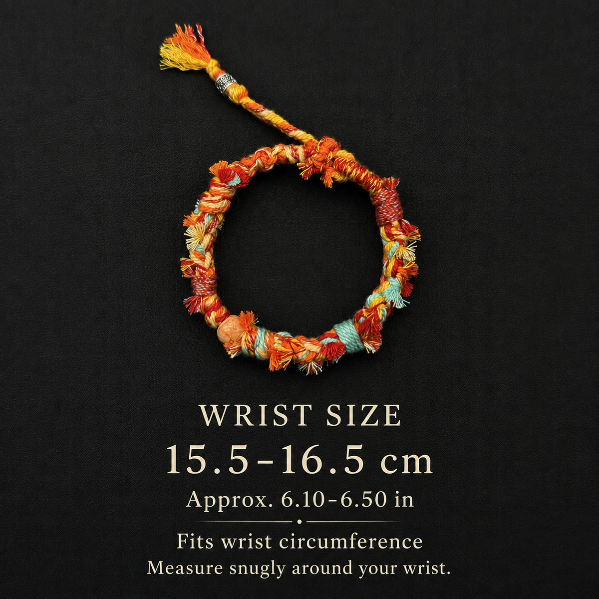 Sundrift bracelet wrist size guide: 15.5–16.5 cm, approximately 6.10–6.50 inches, measured around the wrist.