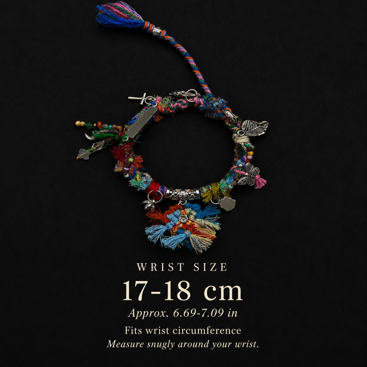 Wildflower Drift bracelet wrist size guide: 17–18 cm, approximately 6.69–7.09 inches, measured around the wrist.